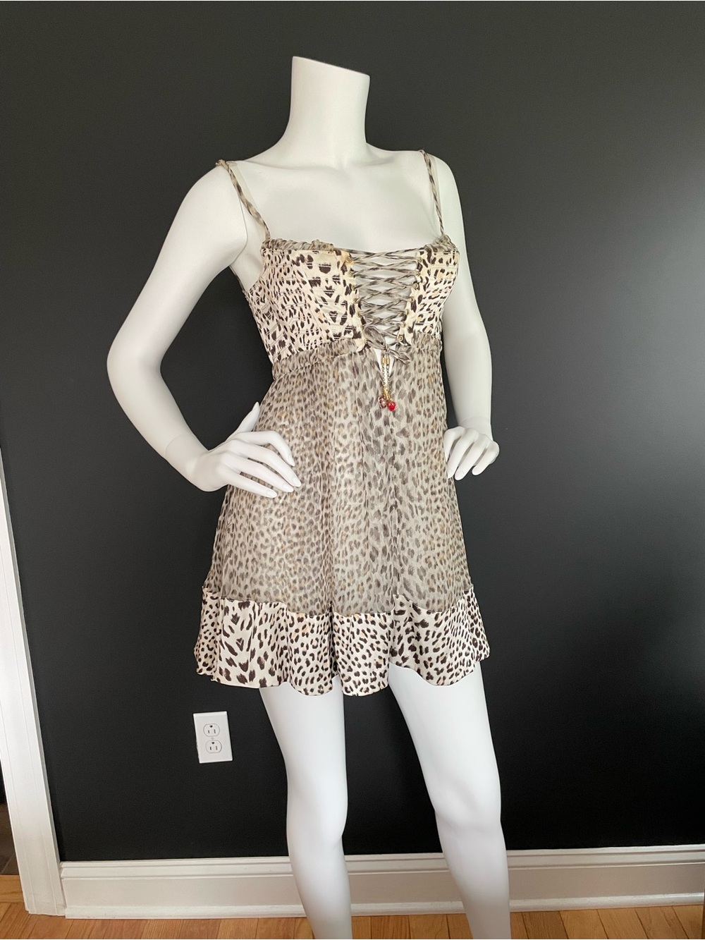 Roberto Cavalli S/S 2006 Vintage Lace Up Boned Corset Silk Leo Mini Dress 38IT